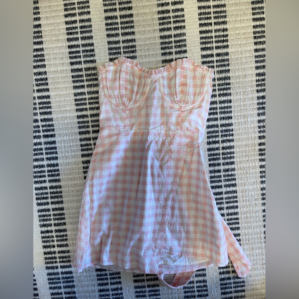 For Love and Lemons white and pink gingham, strapless mini dress
